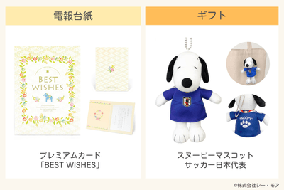 ケース2：電報台紙「BEST WISHES」／ギフト「スヌーピーマスコット サッカー日本代表」