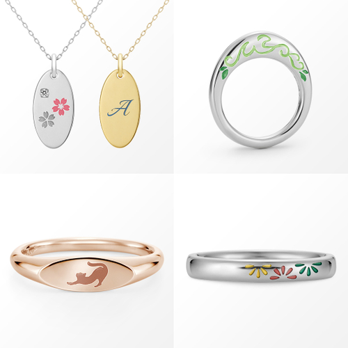 対象商品（全4種類）&hellip; 【画像上段/ネックレス】 左）プレートネックレス、右）べビーコッコ（ベビーリング） 【画像下段/指輪】 左）シグネットリング、右）ピェネッツア