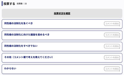 「同性婚の法制化をすべきか？」投票画面