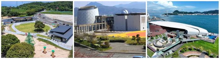 イベントの舞台となる3施設(左:蜂ヶ峯総合公園/中央:防府市青少年科学館 ソラール/右:下関市立しものせき水族館「海響館」)