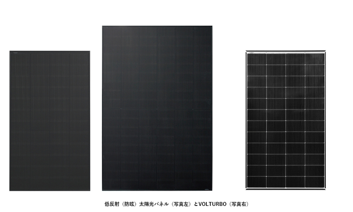 低反射(防眩)太陽光パネル(写真左)とVOLTURBO(写真右)