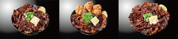 左から『北海道すた丼～濃厚バター焦がし焼肉味～』　『唐揚げ合盛り北海道すた丼～濃厚バター焦がし焼肉味～』　『&ldquo;でっかいどう&rdquo;すた丼～濃厚バター焦がし焼肉味～』