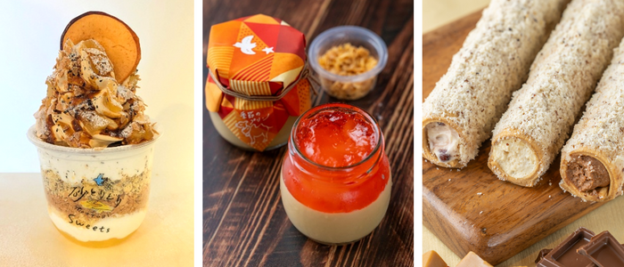 左から)砂パフェリンゴキャラメル／アップルパイプリン／スティックタルトりんごキャラメル