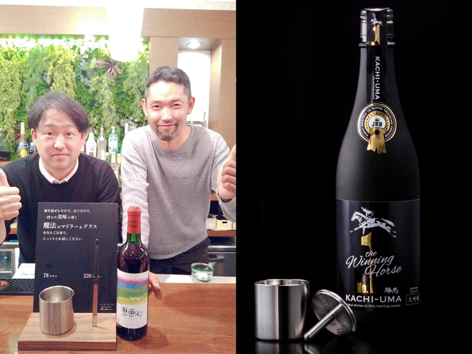 左:当社代表取締役の井之口 右:滋賀県栗東市でオリジナル日本酒を販売されている酒造 安井商店の安井さん