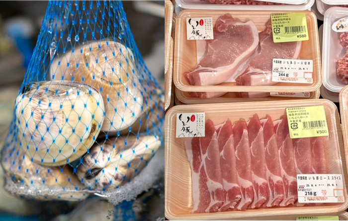 九十九里地ハマグリ(左)千葉県産いも豚(右)