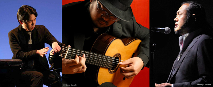 左から 坂本弘輝（パーカッション）、菅沼聖隆（フラメンコギター）、笛田剛史&lsquo;el Fuego&rsquo;（カンテ・歌）