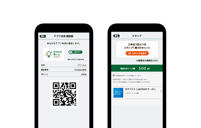 図2 村民認定証やスタンプ機能の画面ショット