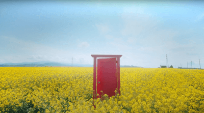 どこまでも続く菜の花とあの有名なドア。「どこまでもドア」と呼んでいましたw