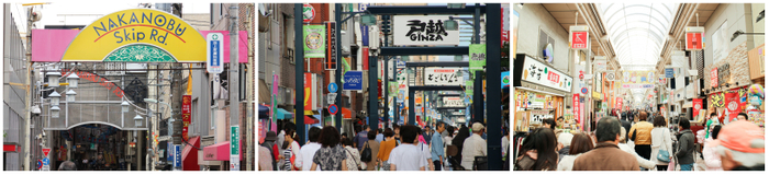 （品川区の3つの商店街。左から、中延商店街、戸越銀座商店街、武蔵小山商店街パルム）