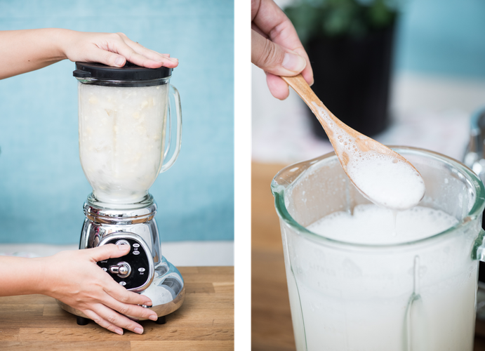 (2)アーモンドをミキサーで撹拌する