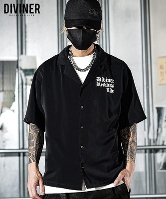 【Black Letter】Rear Embroidery Open Collar Shirt