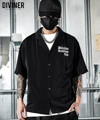 【Black Letter】Rear Embroidery Open Collar Shirt