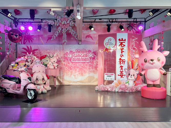 「NEW GINGER SUMMER 2026」ステージ装飾 ※イワシカちゃんエアブロー（右端）は平日のみ展示