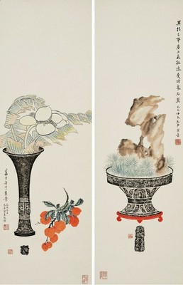 博古花卉図軸(二幅対)
