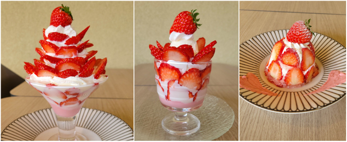左から)いちごな至福パフェ・いちごなチーズドーム・いちごなミニパフェ