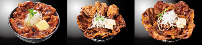 左から『北海道すた丼』880円(税込)　『唐揚げ合盛り　北海道すた丼』1,080円(税込)　『&ldquo;でっかいどう&rdquo;すた丼』1,280円(税込)