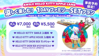 夏休みは“涼しい屋内”でハローキティの世界を満喫！「AWAJI HELLO KITTY APPLE LAND」
期間限定　『涼しく楽しむ！１DAYファミリーSETプラン』 6月28日より開始
