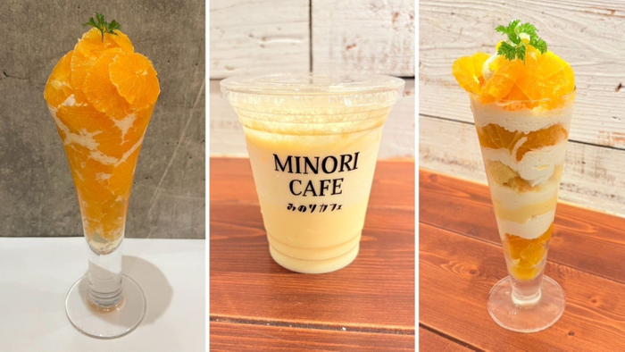 左から　北原早生パフェ ※フェア限定「北原早生」を増量して提供 （アミュプラザ博多店） 1,518円・北原早生のスムージー （福岡パルコ店） 649円・北原早生のソフトクリームパフェ （福岡パルコ店） 1,419円