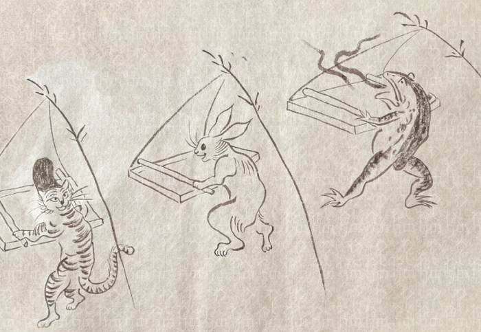 鳥獣戯画～手漉き和紙ができるまで～』の一面（紙漉き風景）