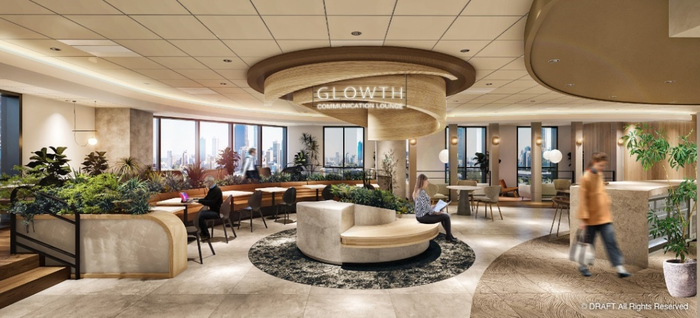 「GLOWTH」とはGROWTH（成長）とGLOW（輝き、満悦感、幸福感）を掛け合わせた造語。空間コンセプトである「年輪」をモチーフとしつつ、 ラウンジを利用する人々の心が満たされ、その幸福の輪が広がっていくようにという意を込め名づけました。