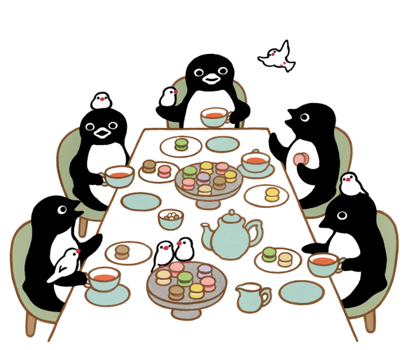 新作版画「ペンギンと文鳥のマカロンパーティー」110,000円(税込) 43&times;50cm