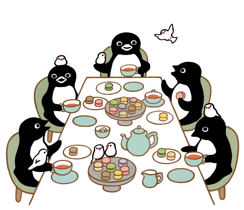 新作版画「ペンギンと文鳥のマカロンパーティー」110,000円(税込) 43×50cm