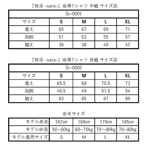 『爽楽 -sara-』単導Tシャツサイズ表