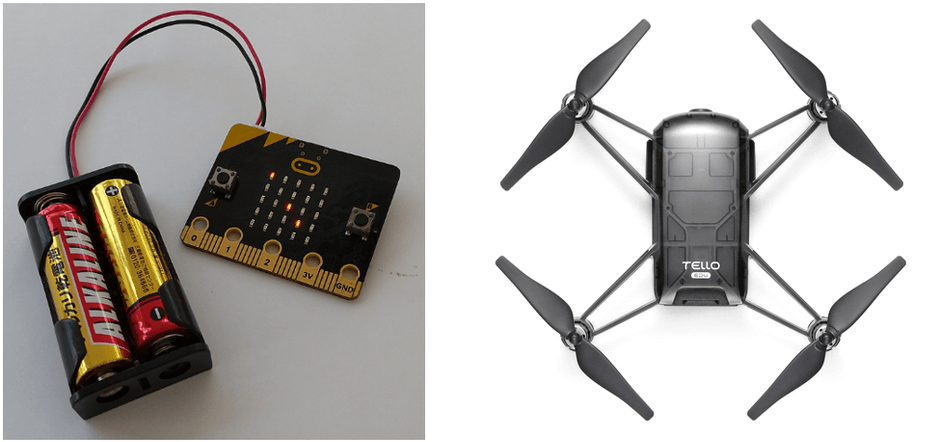 出前授業で活用する教育向けマイコンボード「micro:bit」(左)、ドローン(右)
