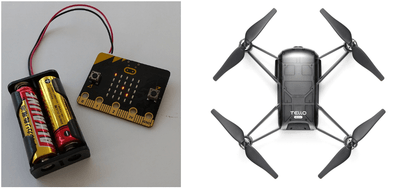 出前授業で活用する教育向けマイコンボード「micro:bit」(左)、ドローン(右)