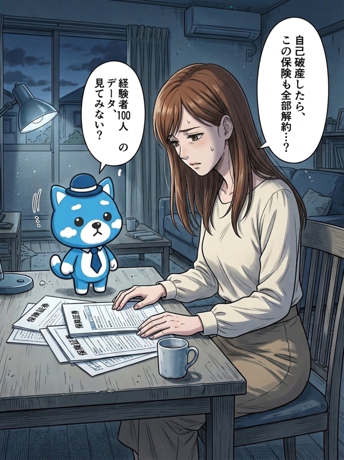 自己破産を前に保険証券を見つめ「この保険も全部解約されるのか」と不安そうな女性に、マスコットのあおちゃんが経験者100人の調査を見てみようと声をかける漫画