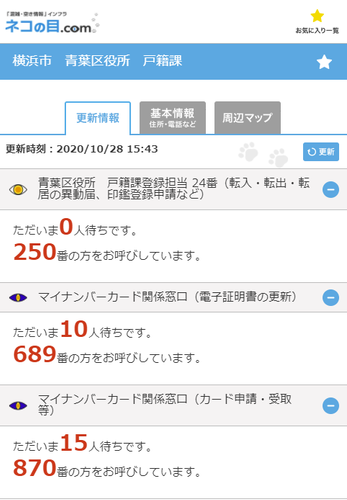戸籍課　混雑情報サイト画面