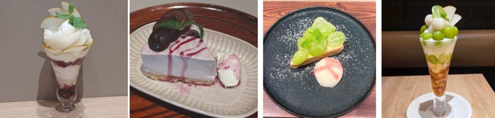 （左から）玉水のDXパフェ1,490円・ピオーネのレアチーズケーキ990円 （みのる食堂銀座店）/ 福岡県産シャインマスカットタルト ～福岡県産ミルクアイス添え～ （みのりカフェ福岡パルコ店） 1,419円 / 福岡県産シャインマスカット＆幸水 紅茶のクリームチーズパフェ （みのりカフェ博多店） 　3,058円