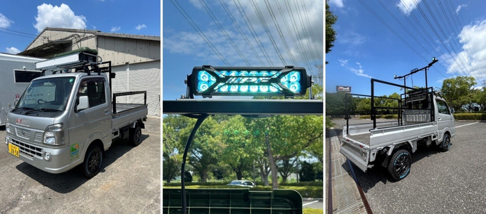 左:軽トラはオートマを用意、中央:光源にLED照明、右:伸縮する荷台フレーム