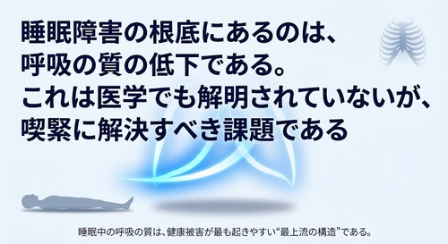 睡眠中に起きている呼吸の質の低下こそ、睡眠障害の根底にある未解明領域であり、喫緊に解決すべき社会課題である