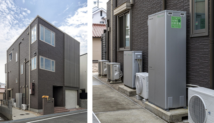 シャープな印象の3階建ての自宅の屋根には太陽電池も設置(左) 屋外に設置した燃料電池でも発電します(右)