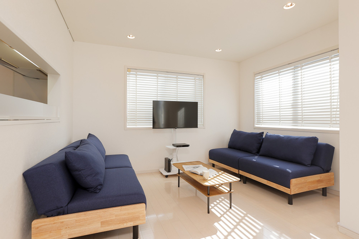 ソファベッドになるゆったりとしたソファを完備。TVではNetflixを視聴可能。