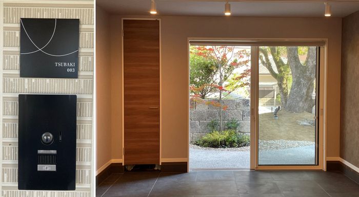 各部屋には、樹木や鳥の名前が書かれたネームプレートを採用(左) コテージ風の土間仕様のお部屋(右)