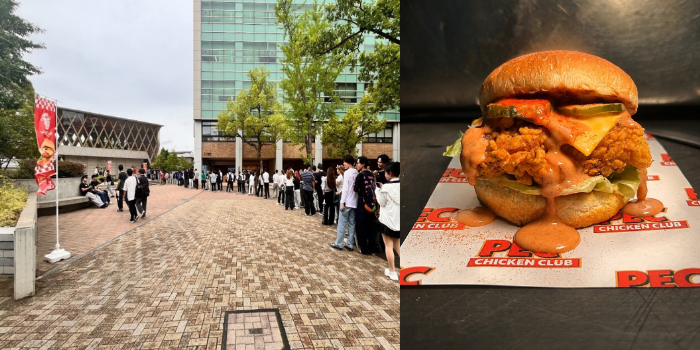 今年5月の営業時の様子（左）、KINDAI CHICKEN BURGER（右）